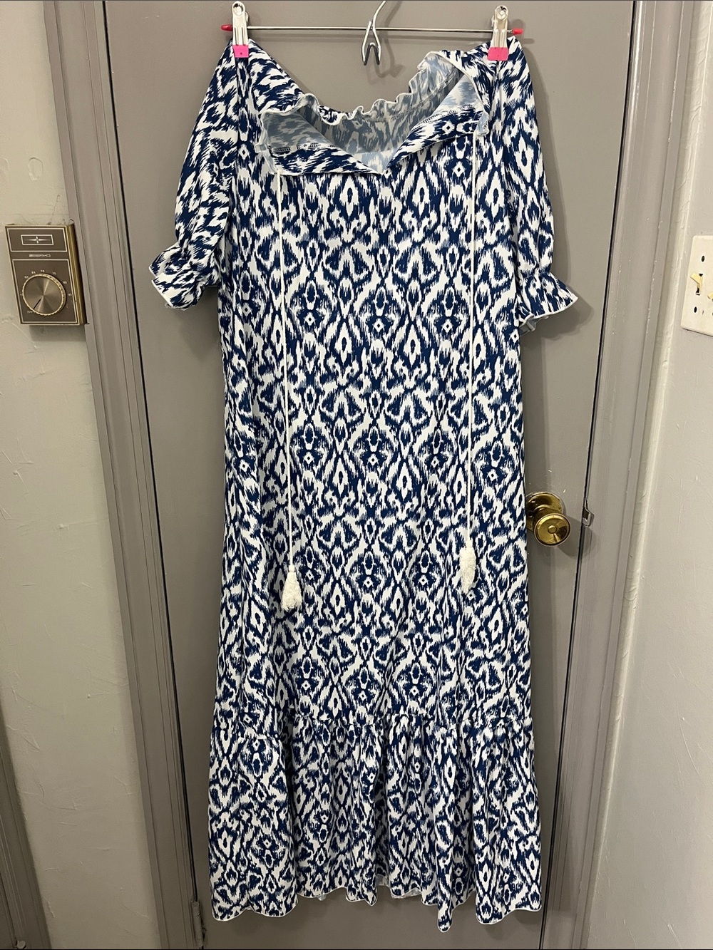 Blue & White Emery Rose Maxi Dress with Tassel Tie